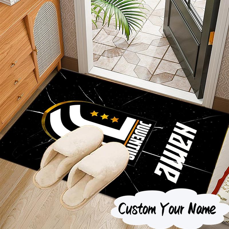 Custom Name Juventus FC Crest Design Rug for Living Room, Game Rooms, Office, Bedroom, Floor Mat Playful Design, Fan Gifts Christmas Decor