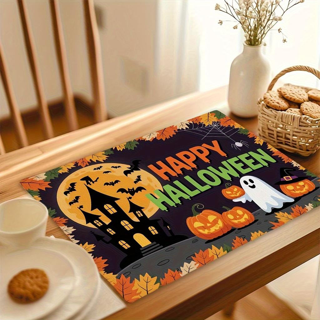 4pcs Linen Placemats, Halloween Theme Decorative Placemats, Suitable for Kitchen Dining Table Decoration, Home Dinner Party Gathering Table Decor,