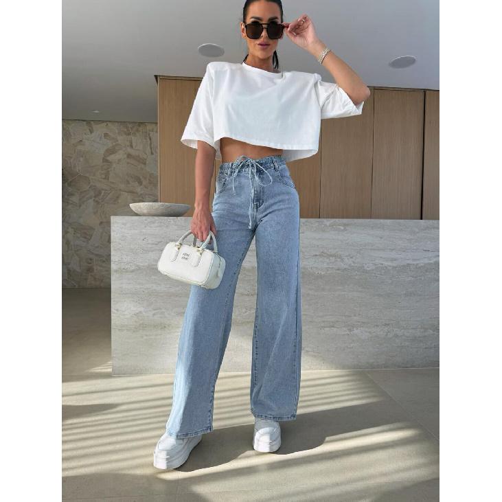 2026 Spring/Summer New High-Waisted Elastic Waist Design Wide-Leg Jeans Loose Versatile Straight Pants for Women S