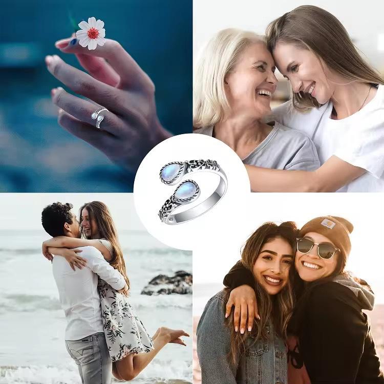 Moonstone Natural Serpentine Vintage Ring Engraved Teardrop Engagement Ring Moonstone Gemstone Men's and Women's Jewelry