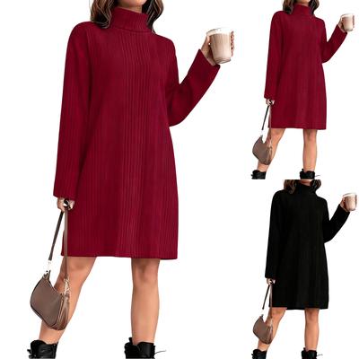 Women's Loose And Comfortable Warm Ribbed High-Neck And Long Sleeve Dress