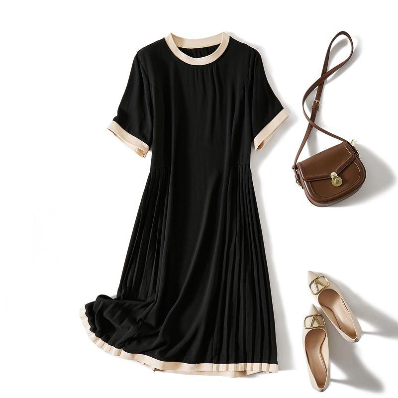 

Craft Bilateral Pleat Slimming Black Dress! Women Ramie Yarn Short sleeve Contrast Color Edge Pressing H Version Loose Dress Summer Black Quality Standard Skirt