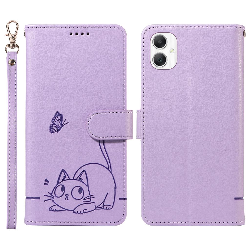 For Samsung Galaxy A06 5G/A06 4G Lommebokdeksel Kattemønster Preg Skinn Telefondeksel med Håndleddsstropp
