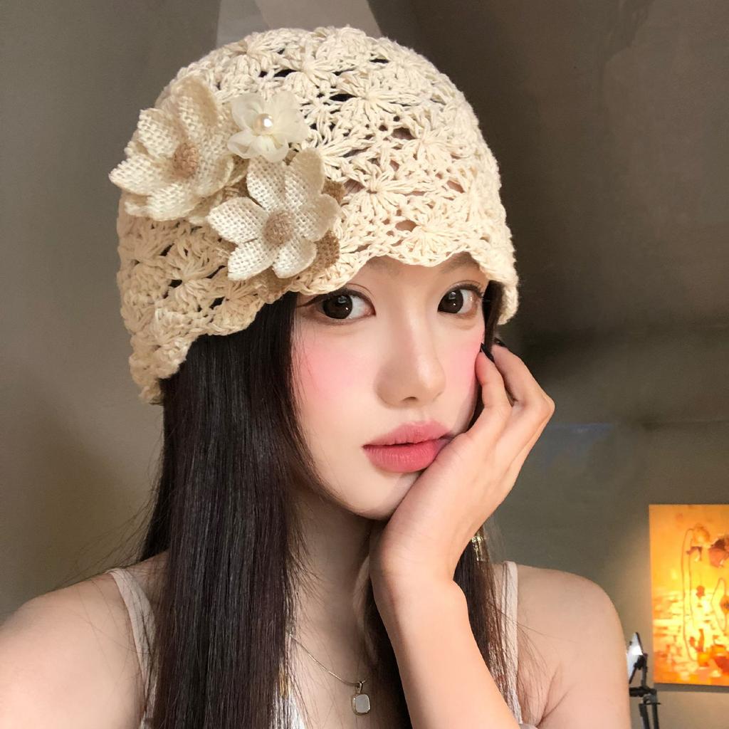 Hand-woven Hollow Flower Bald Hat Spring and Summer Thin Sweet Versatile Big Head Circumference Showing Face Small Pullover Hat