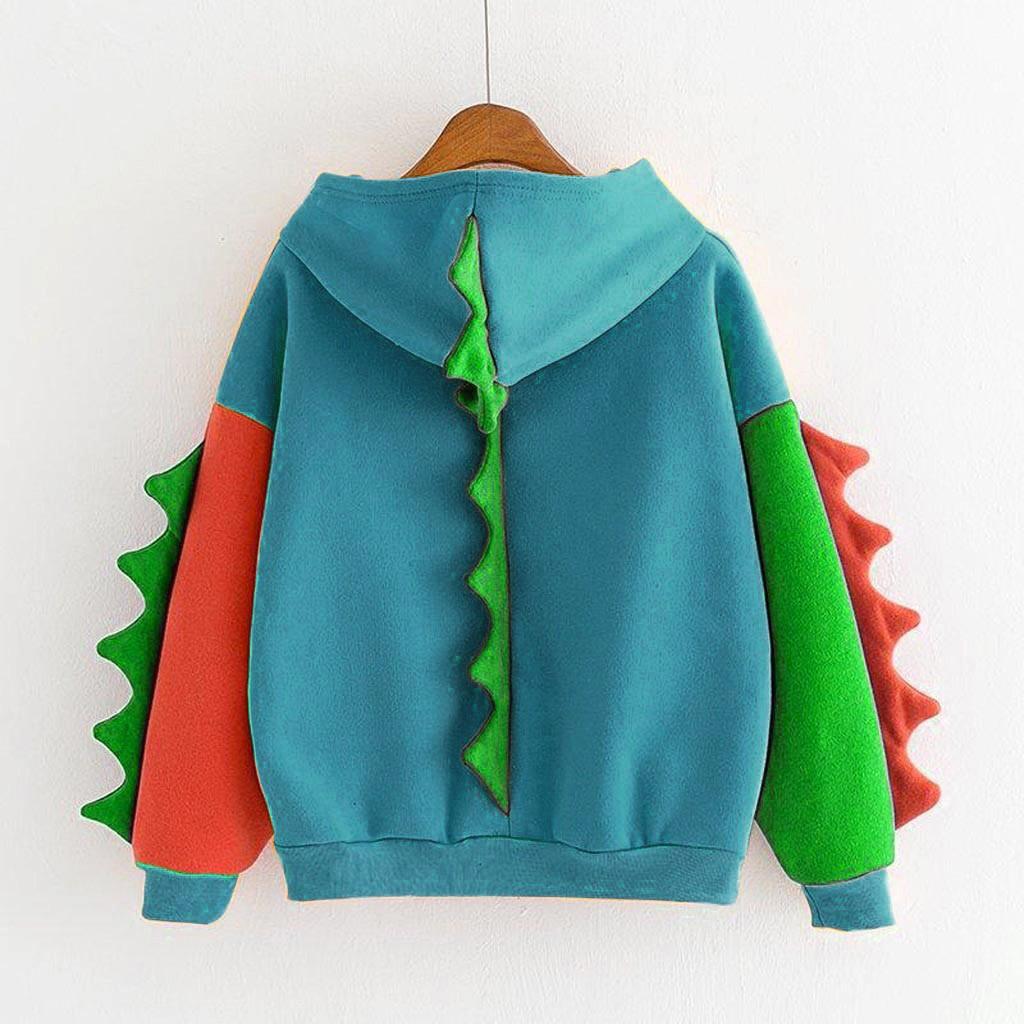 Women's Solid Color Contrasting Dinosaur Loose Casual Hoodie