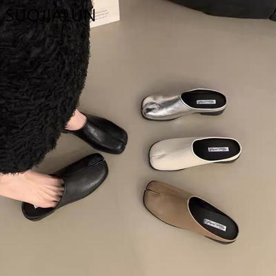 Fashion SUOJIALUN Autumn Women Flat Slipper Fashion Split Toe Slip On Mules Shoes Ladies Casual Soft Flat Heel Outdoor Slides Sandal Sho