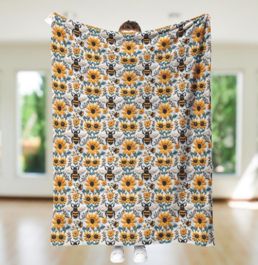 Bee Element 1pc, Retro Hand-Drawn Design Bees Yellow Wildflowers, Insects, Animals Dandelions, Cozy And Warm Printed Blanket