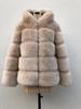 Women's Mid-Length Faux Fox Fur Jacket with Hood - Thickened Winter Patchwork Coat Long Sleeve