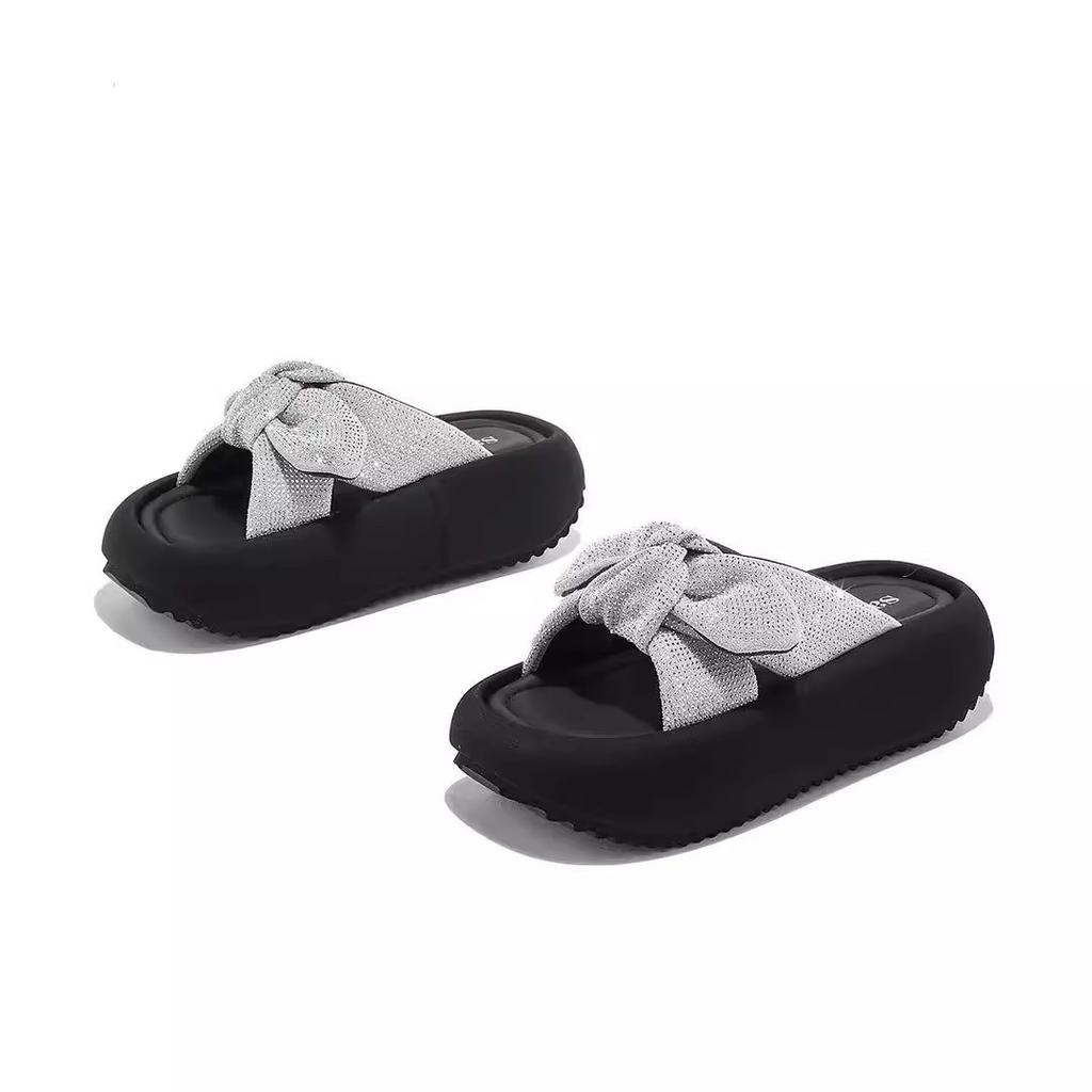 Rhinestone bow one-word drag women's summer new wear versatile sandals thick-bottomed beach slippers