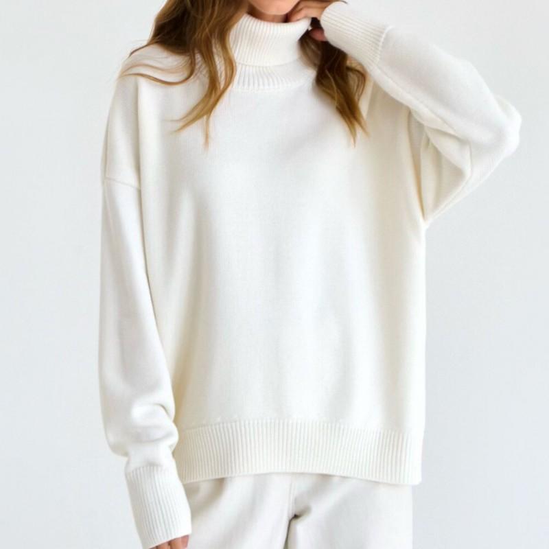 Womens Solid Color High Neck Knit Sweater Loose Fit Winter 2026 Casual Streetwear Long Sleeve Pullover