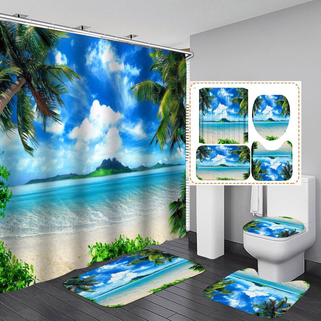 4Pcs Beach Series Shower Curtain Sets for Bathroom Non-Slip Bathroom Rugs Lid Toilet Cover Bath Mat