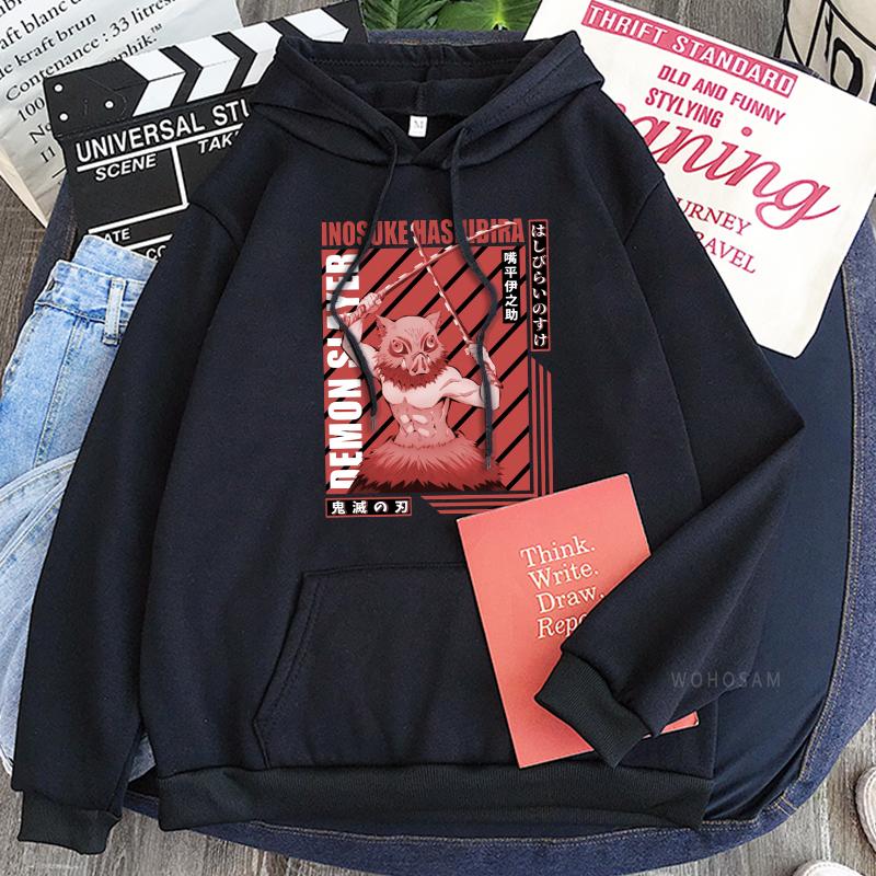 Japan Hot Anime Demon Slayer Hoodie Harajuku Inosuke Manga Cartoon Printed Aesthetics Unisex Oversized Loose Hooded Sweatshirts