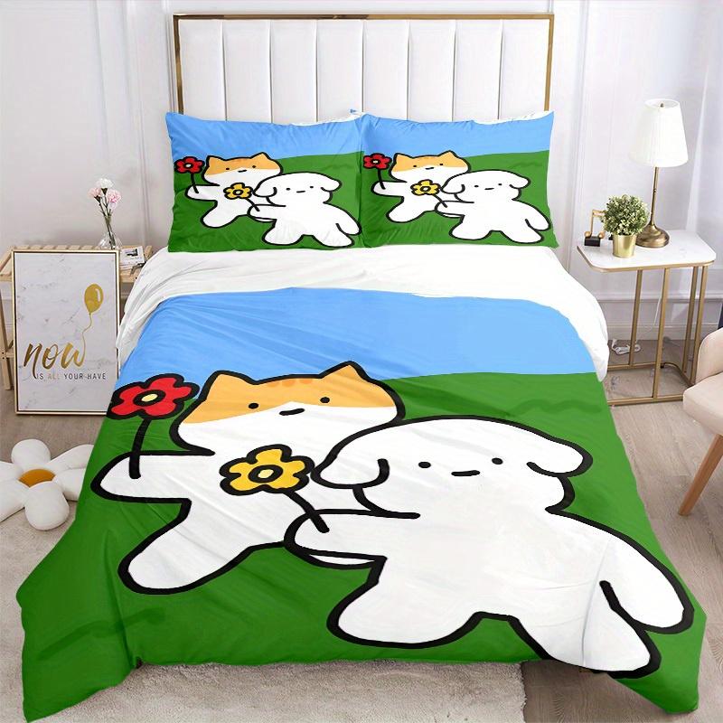 3pcs Cat Flower Bedding Set, Breathable and Soft, Suitable for All Seasons, Ideal for Home Use, Suitable for Bedroom Decor 21179