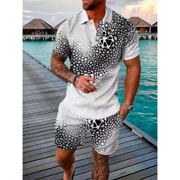 New Men'S Summer Fashion Casual Polo Shirt Collar Casual Set Collar Shorts Set Sports Men'S Solid Color T-Shirt Shorts Running Training Set