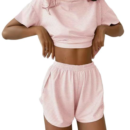 2 Adet/Set Yazlık Ev Giyim Üst ve Pantolon Takımı Çizgili Pijama Bol Uyku Giyim Kısa Kollu Tişört Lastikli Bel Yırtmaçlı Şort Seti