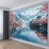 Cherry Blossom Lake Scene Tapestry 2D Digital Print Polyester Wall Hanging Living Room Bedroom Office Decor with Hooks