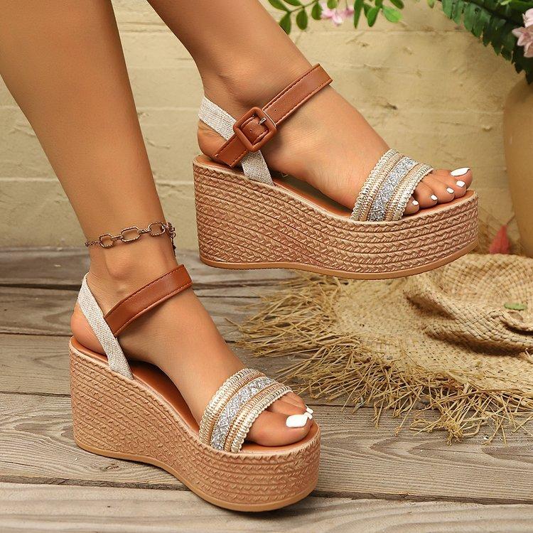 Elastic thick-soled wedge heel sandals style high heels new woven bohemian women 2025 hemp rope