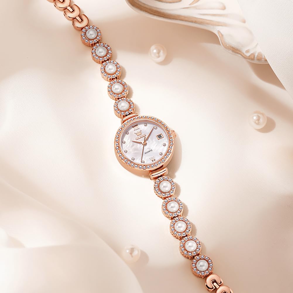 OLEVS Reloj Analogico de Cuarzo Pequeño Impermeable con Correa de Metal Color Oro Rosa y Popular Pulsera de Perlas Diseño Delgado para Mujer -
