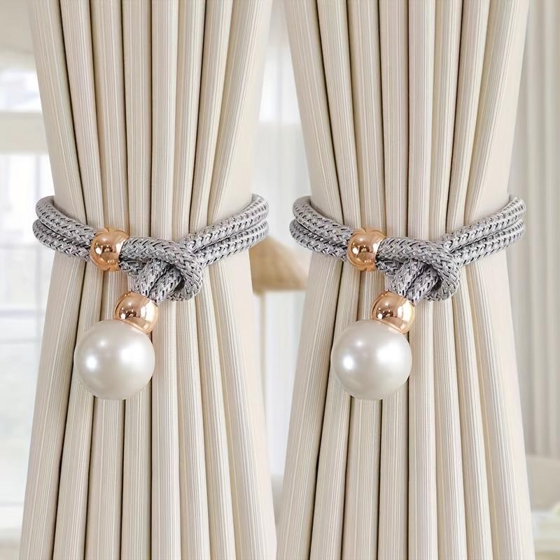 2 Stück Deluxe Französische Raffhalter mit glänzenden Kunstperlen-Akzenten - Elegantes Polyester, kein Bohren, verstellbare Kordel für exquisite Heimdekoration