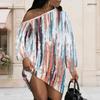Women Plus Size One Shoulder Long Sleeve Tie Dye Striped Loose Tunic Dress