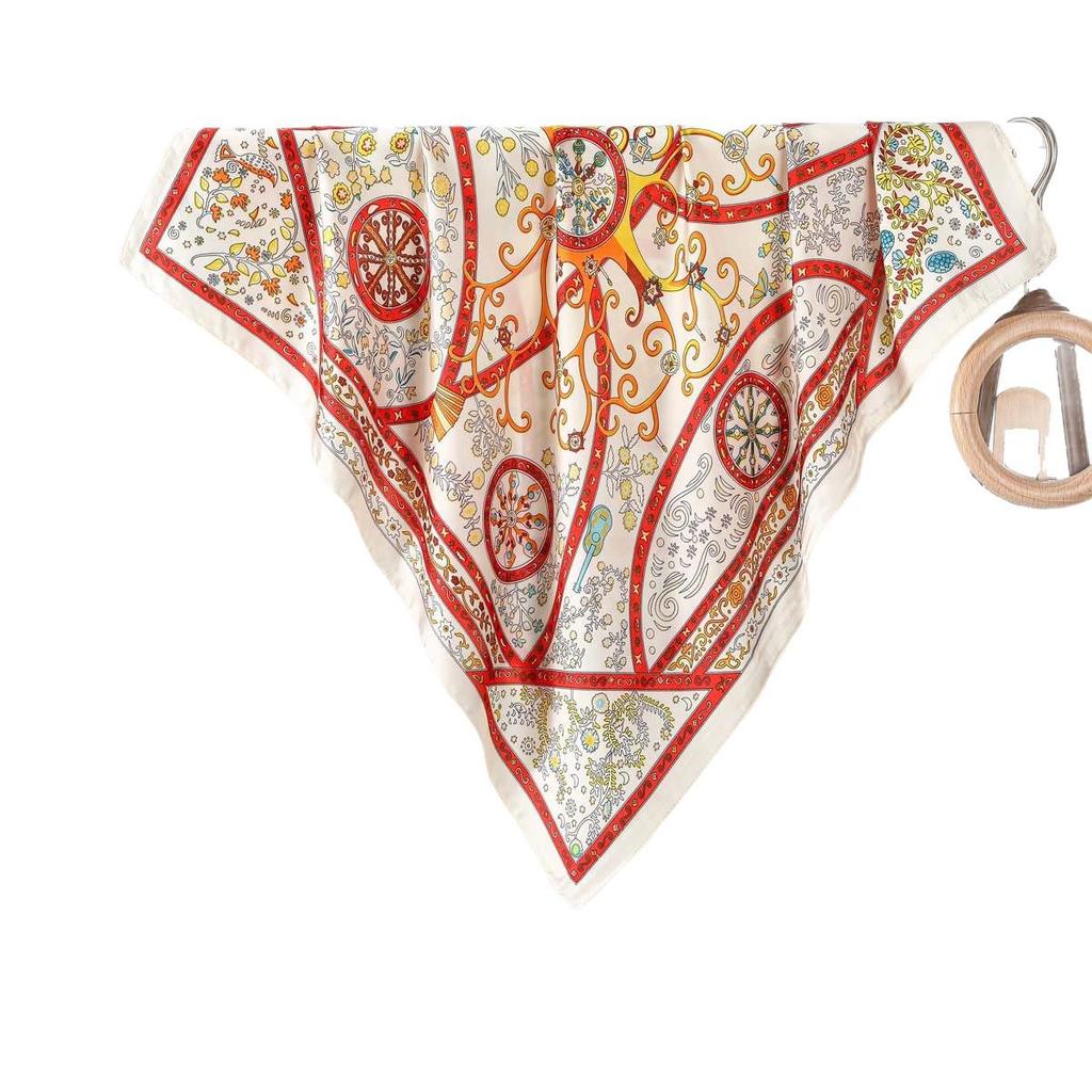 French Chic 70CM Women's Geometric Color Block Flower Scarf - Silk Imitation Headscarf Shawl