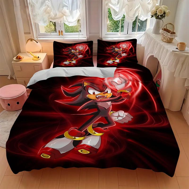 3pcs Red Power Surge Shadow the Hedgehog Printed Bedding Set, Soft and Comfortable Quilt Cover for Bedroom, Guest Room (1 Duvet Cover + 2 Pi
