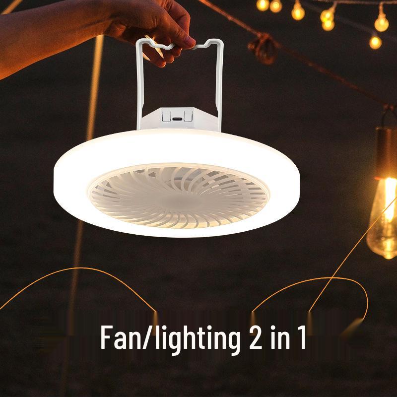 Portable Camping Ceiling Fan with Super Bright Light, USB Rechargeable, Three-Color Dimming, and Powerful Wind.