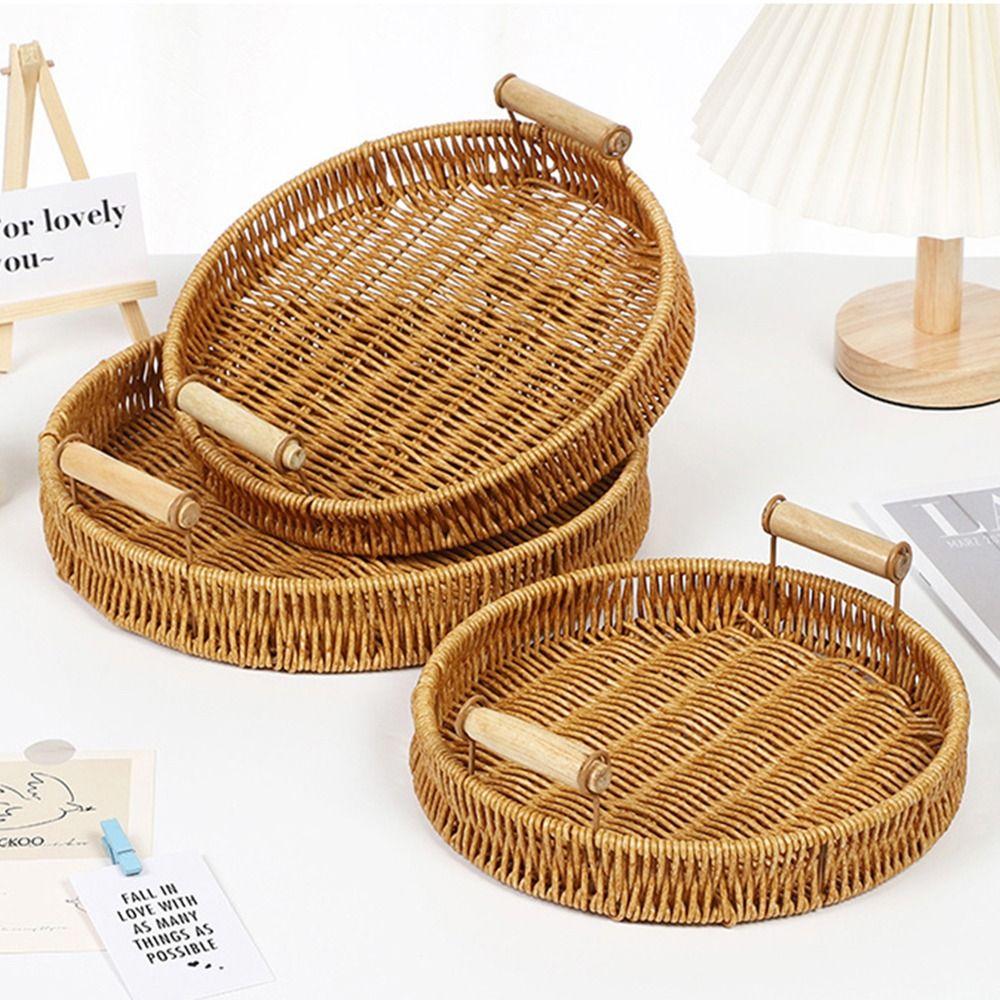 1Pcs Breakfast Bread Food Storage Tray Round Shape Plastic Rattan Threads Basket