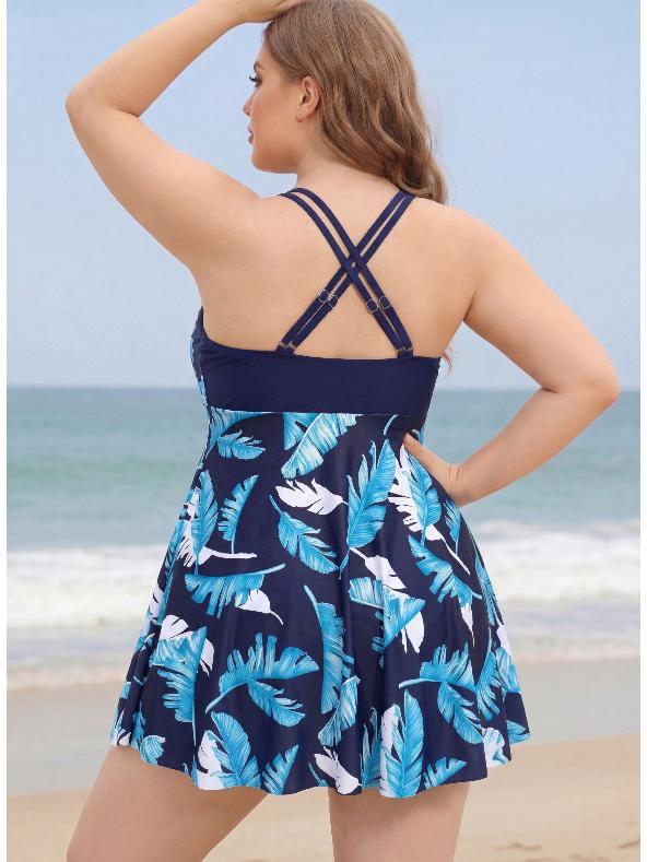 Plus Size Two-Piece Skirt Swimwear: Printed, Tummy Concealing, Slimming Boyshorts, Conservative Style, Ideal for Vacation or Hot Spring.