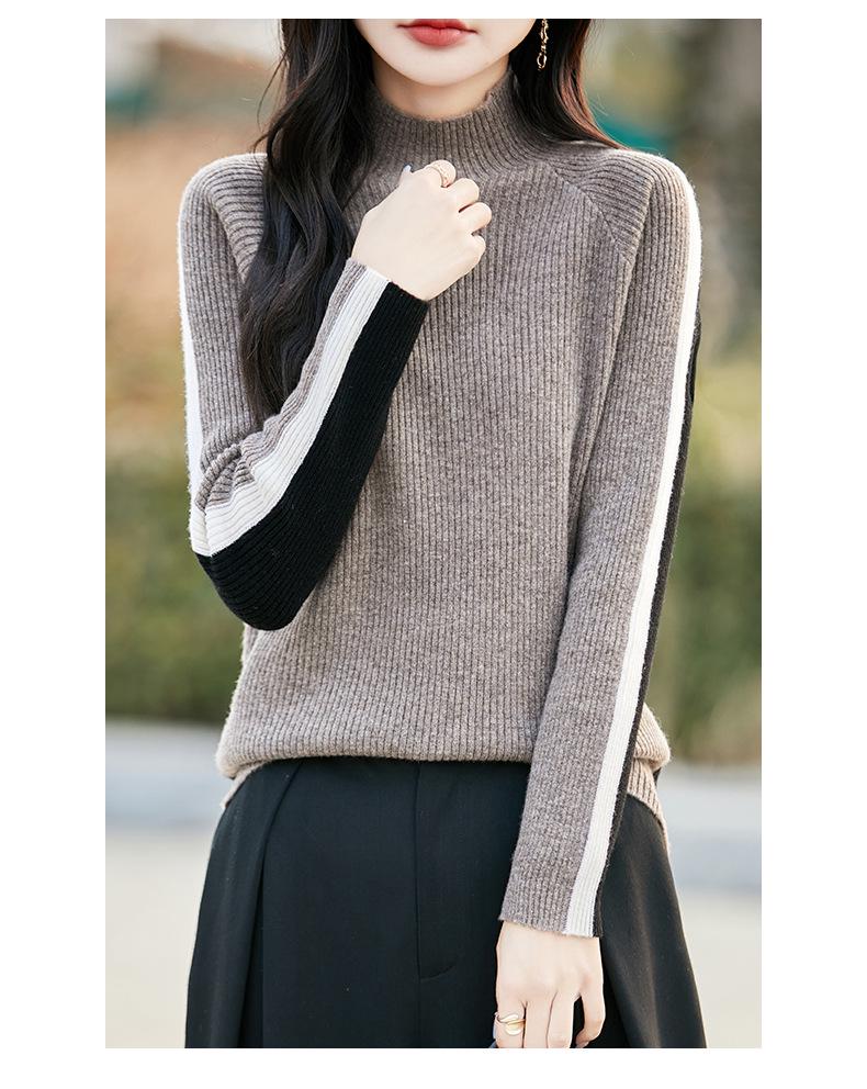French Color-Block Ribbed Wool Knit Top - Women's New Autumn/Winter Long-Sleeved Half-High Neck