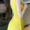 Sexy Yellow Square Neck Bodycon Dress With Hollow Out Details For Party Wear