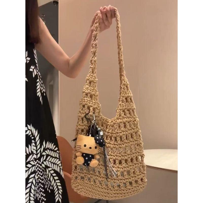 

Summer Hollow-out Straw Bag Women 2025 New Seaside Holiday Style Beach Bag Commuter Fashion Woven Bag Brown + inner bag