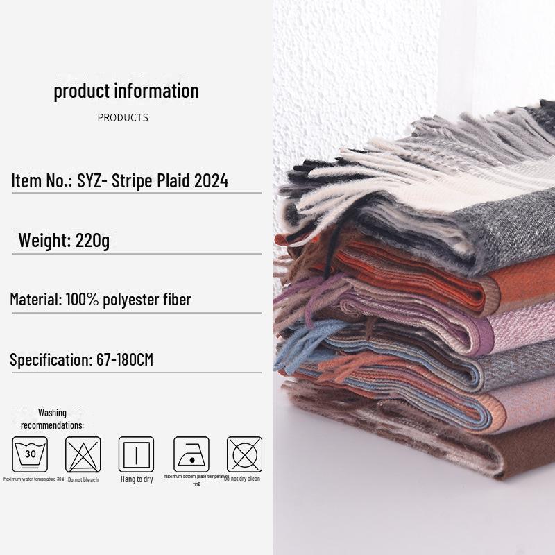 Women's Striped Plaid Imitation Cashmere Scarf - Warm, Thick for Autumn & Winter