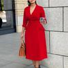 Women's Double-Breasted Suit Collar Solid Color Mid-Length Dress