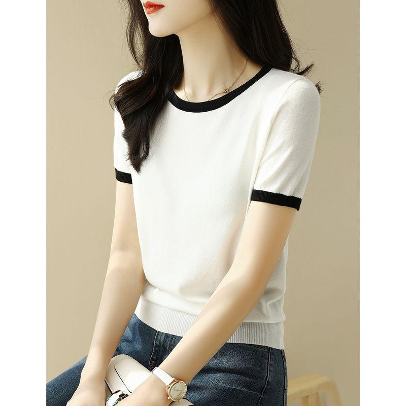

Черный трикотаж с V-образным вырезом в элегантном корейском стиле, модный трикотаж со средним рукавом White [round neck short sleeve]] 2XL