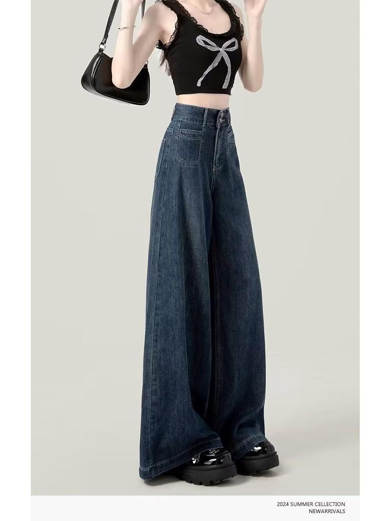Women's Wide-Leg Jeans, Loose Fit, Plus Velvet, Spring/Winter, Plus Size, Drape Straight-Leg, Floor-Length (2024 Style)