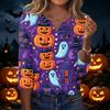 Women's Casual Halloween Print V Neck Button Three Quarter Sleeve T Shirt Top Lightweight Comfortable Fit for Seasonal Wear