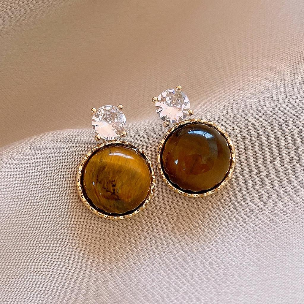 Silver Needle Tiger Eye Round Geometric Pendant Earrings - Retro Millard Style Studs with Unique Niche Design