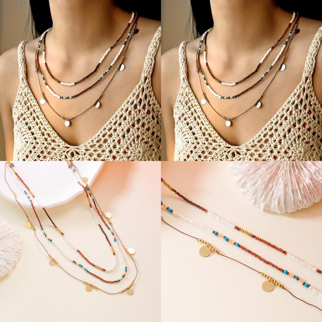Bohemian Style Multilayer Beaded Necklace With Geometric Elements For Women