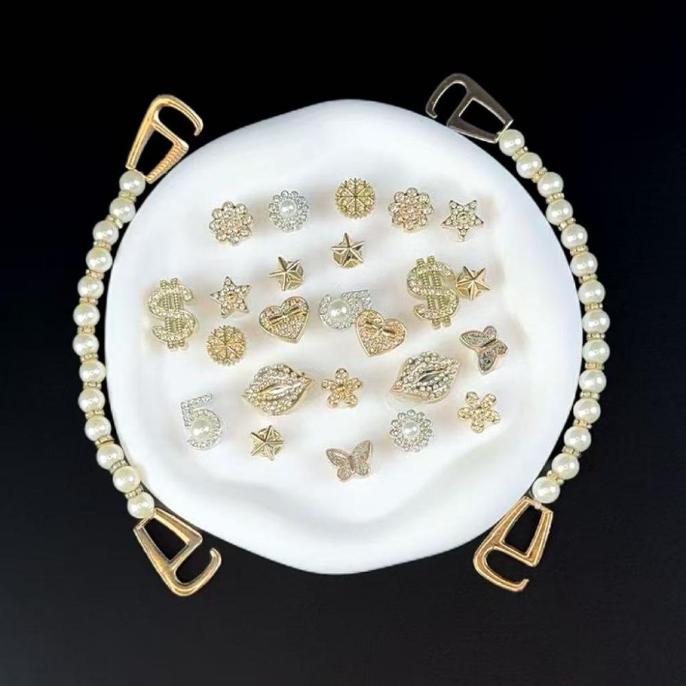 24/26PCS Shoe Charms Set Golden Lip Letter Butterfly Pentagram Chain Shoe Decorati Buckle for Sandals Clogs DIY Accessories Gift