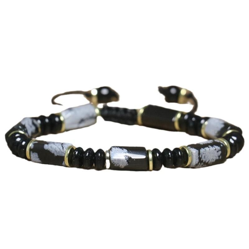 Snowflake Obsidian Tube Bracelet – Gold Accent Adjustable Boho Jewelry, Grounding Protection Gift for Men & Women