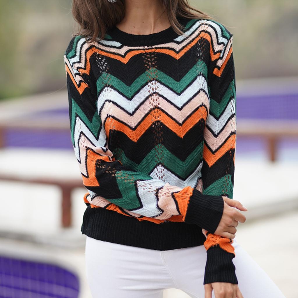 Women's Fashion Sweater With Loose Stripes And A Knit Round Neck