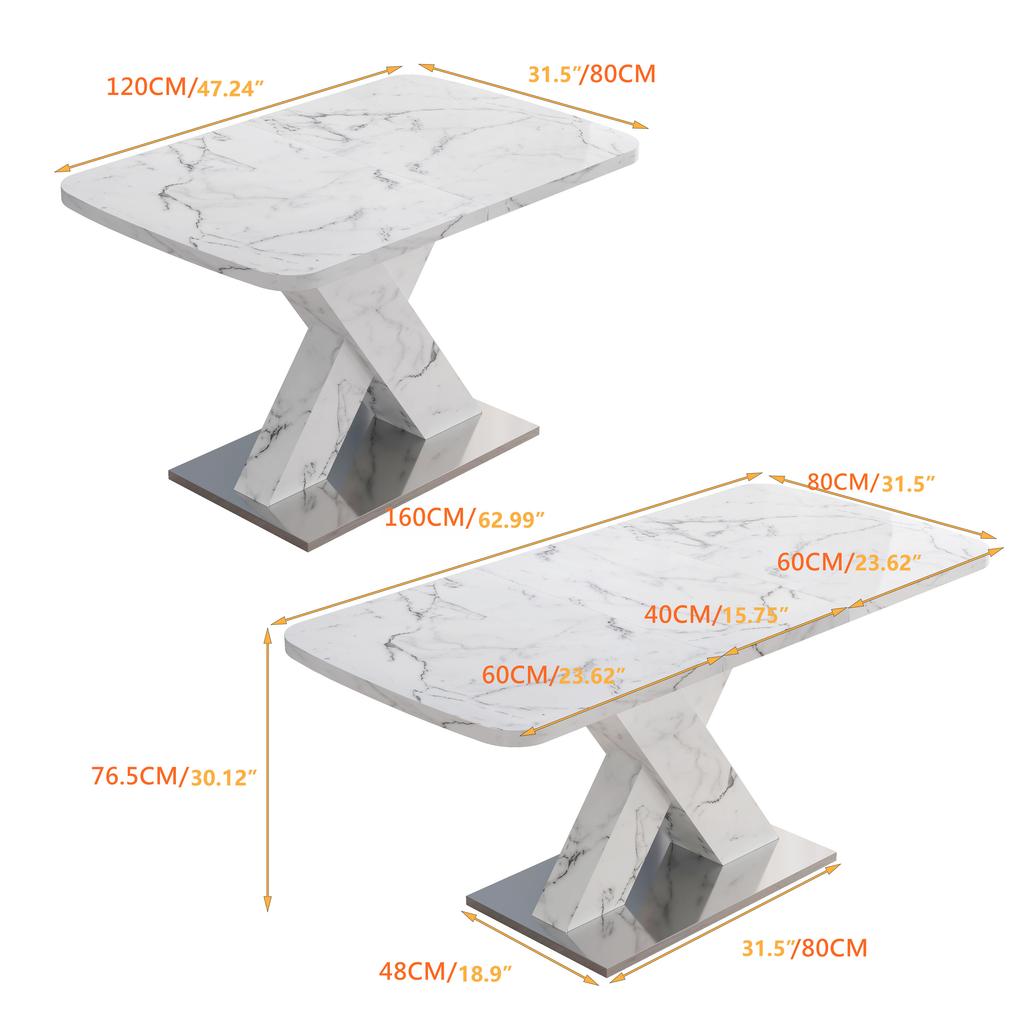 120CM-160CM Μοντέρνο Ορθογώνιο Τραπέζι Τραπεζαρίας, Τεντώνεται, με Εκτυπωμένη Λευκή Μαρμάρινη Επιφάνεια Τραπεζιού+MDF Τραπεζοπόδι Σχήματος Χ με Μεταλλική Βάση