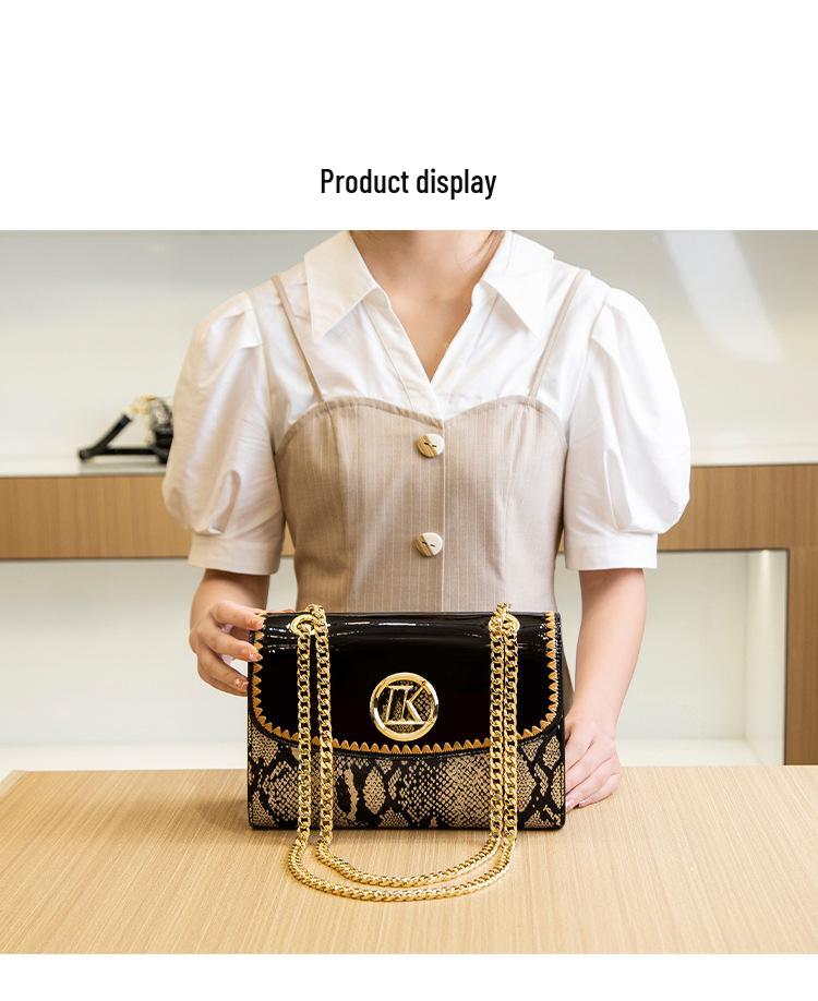 Snake Print Patent Leather Chain Shoulder Bag