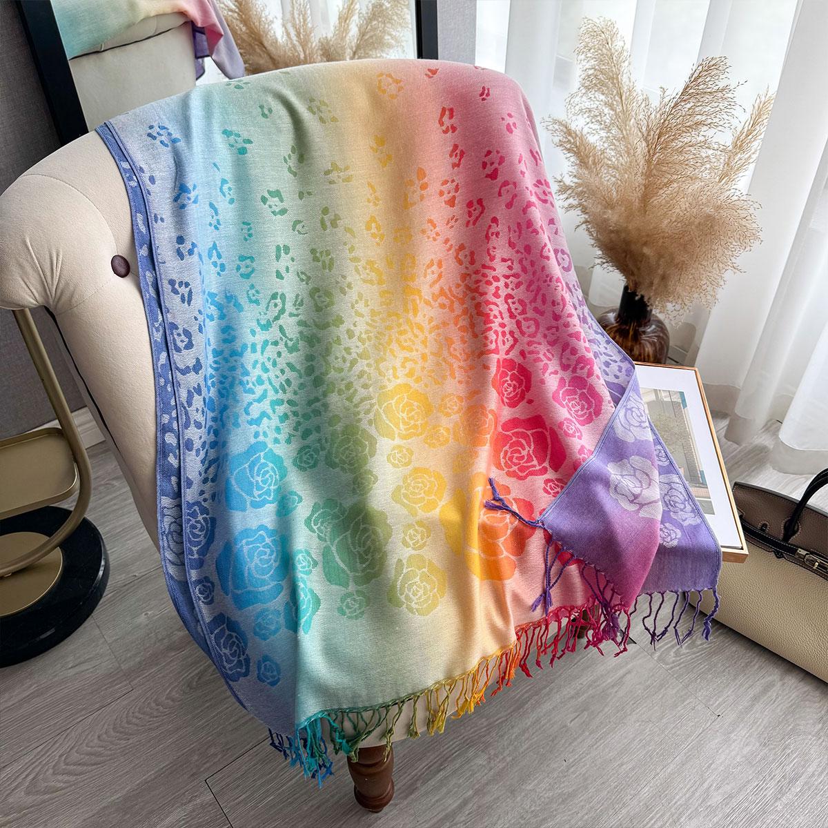 

Women S Scarf Latest Elegant Rose Print Gradient Color Jacquard Tassels Shawl Perfect For Mardi Gras Beach Casual Wear