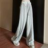 Women's Autumn Gray Sweet Spicy Style Straight-Leg Joggers - Lace Paneled High-Waist Vintage Floor-Length Wide-Leg Casual Pants