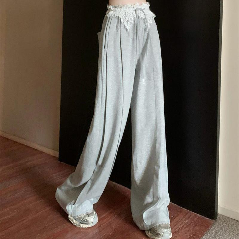 Women's Autumn Gray Sweet Spicy Style Straight-Leg Joggers - Lace Paneled High-Waist Vintage Floor-Length Wide-Leg Casual Pants