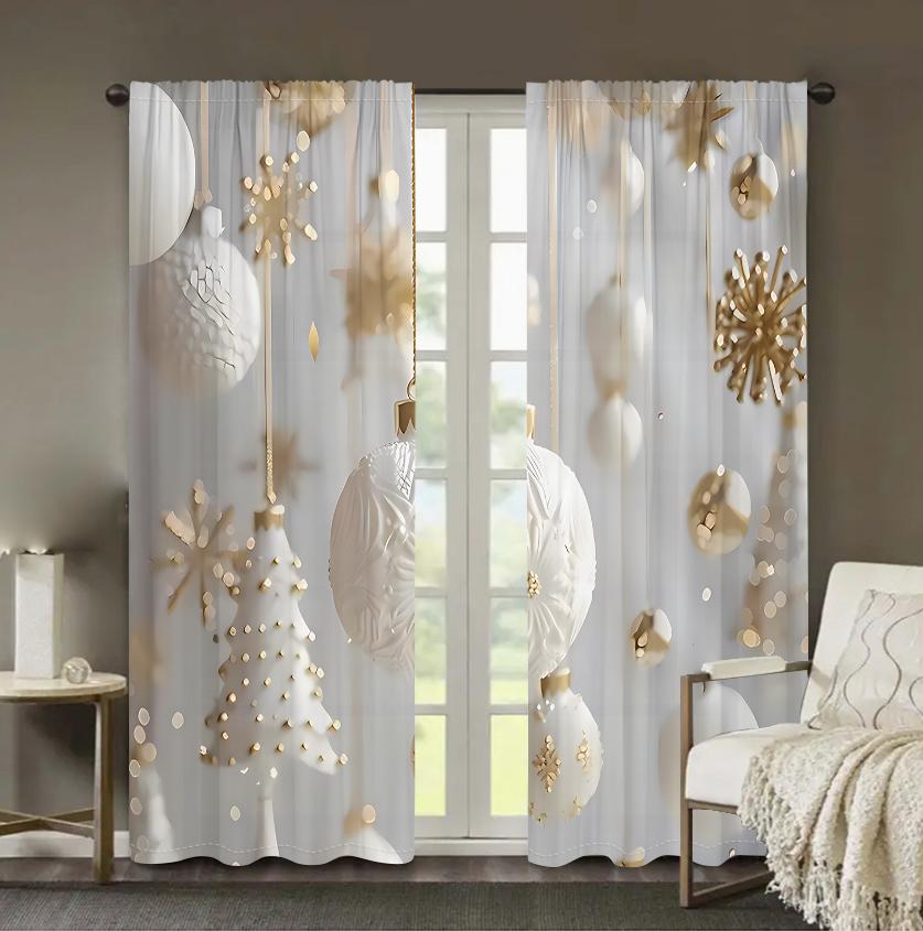 Julgardiner Vit Guld Dekor 2 Paneler 3D-tryck Högtidsdekoration Sovrum Vardagsrum Snöflingeornament Elegant Mysigt