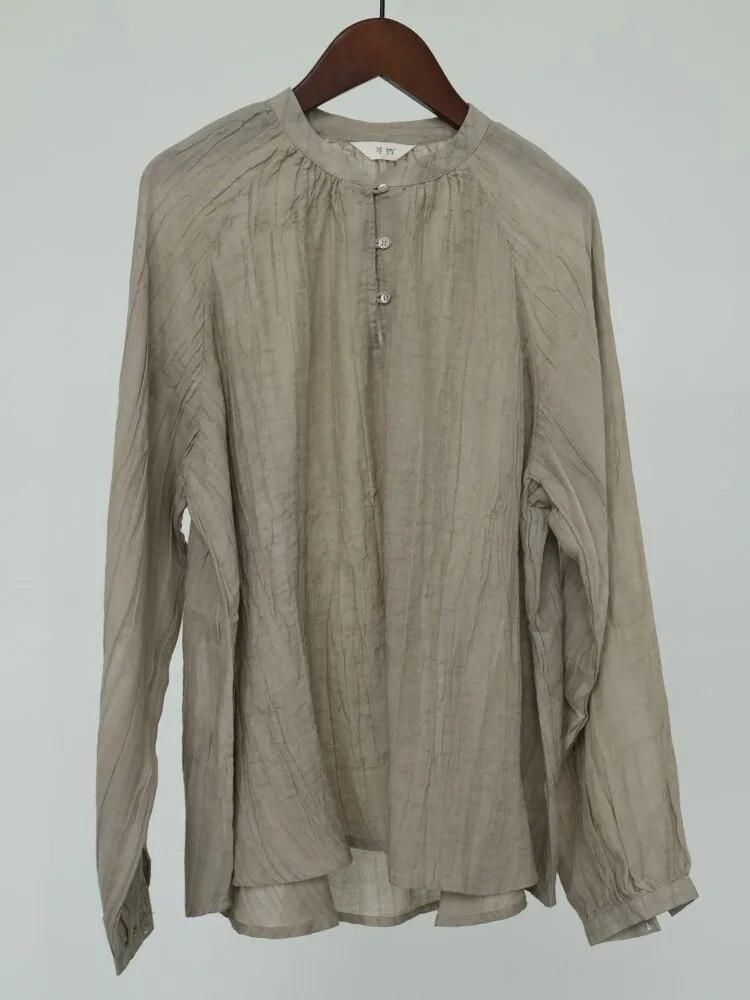 

Johnature женские винтажные осенние рубашки льняные однотонные свободные блузки с длинными рукавами и повседневные рубашки на пуговицах One Size светло-серый