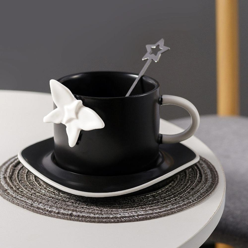 Europäische Schmetterling Keramiktasse Unregelmäßige Schale Einfacher Löffel Kaffeetassen Schwarz Weiß Grau Becher Exquisites Trinkgeschirr Freund Geschenk
